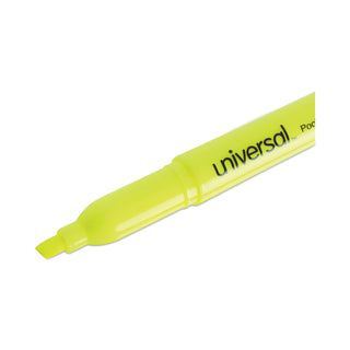 Universal® Pocket Highlighters, Fluorescent Yellow Ink, Chisel Tip, Yellow Barrel, Dozen (UNV08851)