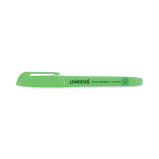 Universal® Pocket Highlighters, Fluorescent Green Ink, Chisel Tip, Green Barrel, Dozen (UNV08852)