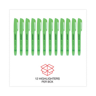 Universal® Pocket Highlighters, Fluorescent Green Ink, Chisel Tip, Green Barrel, Dozen (UNV08852)