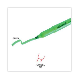 Universal® Pocket Highlighters, Fluorescent Green Ink, Chisel Tip, Green Barrel, Dozen (UNV08852)