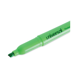 Universal® Pocket Highlighters, Fluorescent Green Ink, Chisel Tip, Green Barrel, Dozen (UNV08852)