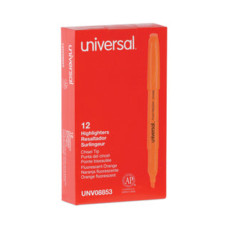 Universal® Pocket Highlighters, Fluorescent Orange Ink, Chisel Tip, Orange Barrel, Dozen (UNV08853)