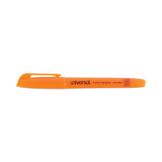 Universal® Pocket Highlighters, Fluorescent Orange Ink, Chisel Tip, Orange Barrel, Dozen (UNV08853)
