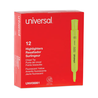 Universal® Desk Highlighters, Fluorescent Yellow Ink, Chisel Tip, Yellow Barrel, Dozen (UNV08861)