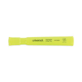Universal® Desk Highlighters, Fluorescent Yellow Ink, Chisel Tip, Yellow Barrel, Dozen (UNV08861)