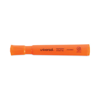 Universal® Desk Highlighters, Fluorescent Orange Ink, Chisel Tip, Orange Barrel, Dozen (UNV08863)