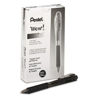 Pentel® WOW! Retractable Ballpoint Pen, Medium 1 mm, Black Ink/Barrel, Dozen (PENBK440A)