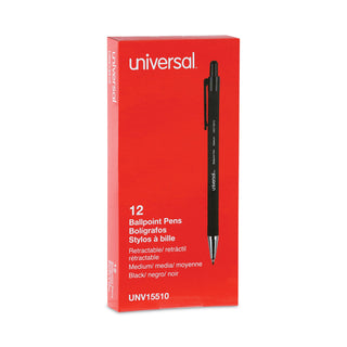 Universal® Ballpoint Pen, Retractable, Medium 1 mm, Black Ink, Black Barrel, Dozen (UNV15510)