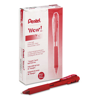 Pentel® WOW! Retractable Ballpoint Pen, Medium 1 mm, Red Ink/Barrel, Dozen (PENBK440B)