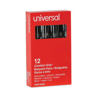 Universal® Comfort Grip Ballpoint Pen, Retractable, Medium 1 mm, Black Ink, Clear Barrel, Dozen (UNV15530)