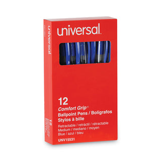 Universal® Comfort Grip Ballpoint Pen, Retractable, Medium 1 mm, Blue Ink, Clear Barrel, Dozen (UNV15531)