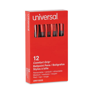 Universal® Comfort Grip Ballpoint Pen, Retractable, Medium 1 mm, Red Ink, Clear Barrel, Dozen (UNV15532)