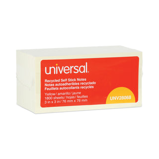Universal® Recycled Self-Stick Note Pads, 3" x 3", Yellow, 100 Sheets/Pad, 18 Pads/Pack (UNV28068)