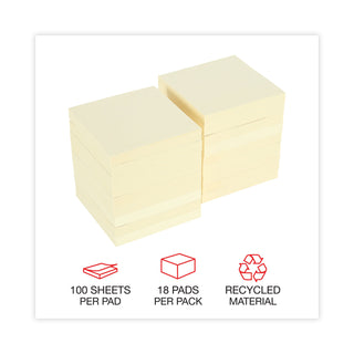 Universal® Recycled Self-Stick Note Pads, 3" x 3", Yellow, 100 Sheets/Pad, 18 Pads/Pack (UNV28068)