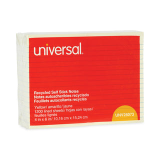 Universal® Recycled Self-Stick Note Pads, Note Ruled, 4" x 6", Yellow, 100 Sheets/Pad, 12 Pads/Pack (UNV28073)