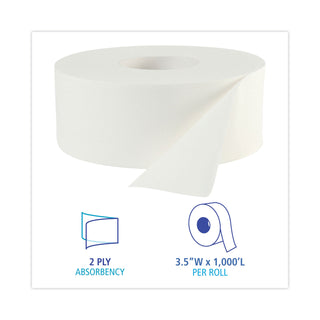 Boardwalk® JRT Bath Tissue, Jumbo, Septic Safe, 2-Ply, White, 3.3" x 1,000 ft, 12 Rolls/Carton (6100BW)
