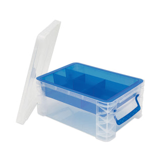 Advantus Super Stacker Divided Storage Box, Clear w/Blue Tray/Handles, 10.3 x 14.25x 6.5 (AVT37371)