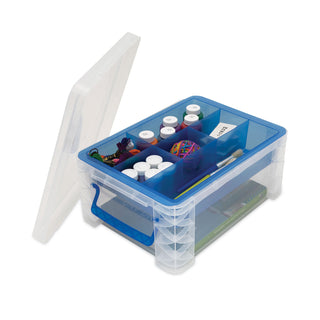 Advantus Super Stacker Divided Storage Box, Clear w/Blue Tray/Handles, 10.3 x 14.25x 6.5 (AVT37371)