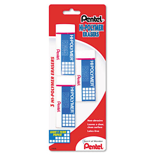 Pentel® Hi-Polymer Eraser, Rectangular, Medium, White, Latex-Free Hi-Polymer, 3/Pack (PENZEH10BP3K6)