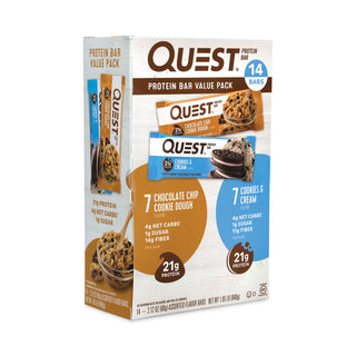 Quest® Protein Bar Value Pack, Chocolate Chip Cookie Dough, Cookies and Cream, 2.12 oz Bar, 14 Count (GRR22000966)