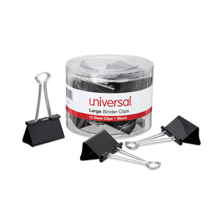 Universal® Binder Clips with Storage Tub, Large, Black/Silver, 12/Pack (UNV11112)