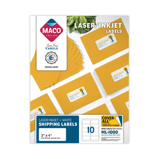 MACO® White Laser/Inkjet Shipping and Address Labels, Inkjet/Laser Printers, 2 x 4, White, 10/Sheet, 100 Sheets/Box (MACML1000)
