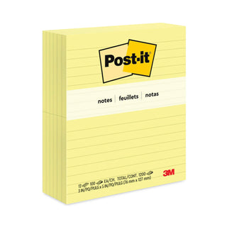 Post-it® Original Pads in Canary Yellow, Note Ruled, 3" x 5", 100 Sheets/Pad, 12 Pads/Pack (MMM635YW)