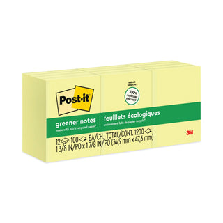 Post-it® Original Recycled Note Pads, 1.5" x 2", Canary Yellow, 100 Sheets/Pad, 12 Pads/Pack (MMM653RPYW)