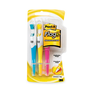 Post-it® Flag+ Highlighter, Assorted Ink/Flag Colors, Chisel Tip, Assorted Barrel Colors, 3/Pack (MMM689HL3)