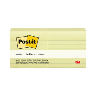 Post-it® Original Pads in Canary Yellow, Note Ruled, 3" x 3", 100 Sheets/Pad, 6 Pads/Pack (MMM6306PK)