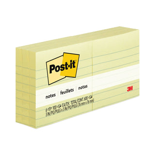 Post-it® Original Pads in Canary Yellow, Note Ruled, 3" x 3", 100 Sheets/Pad, 6 Pads/Pack (MMM6306PK)