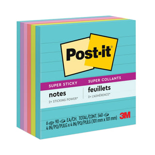 Post-it® Pads in Supernova Neon Collection Colors, Note Ruled, 4" x 4", 90 Sheets/Pad, 6 Pads/Pack (MMM6756SSMIA)
