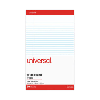 Universal® Perforated Ruled Writing Pads, Wide/Legal Rule, Red Headband, 50 White 8.5 x 14 Sheets, Dozen (UNV45000)