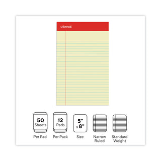 Universal® Perforated Ruled Writing Pads, Narrow Rule, Red Headband, 50 Canary-Yellow 5 x 8 Sheets, Dozen (UNV46200)