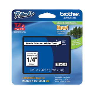 Brother TZe Standard Adhesive Laminated Labeling Tape, 0.23" x 26.2 ft, Black on White (BRTTZE211)