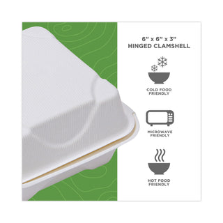 Eco-Products® Renewable and Compostable Sugarcane Clamshells, 6 x 6 x 3, 50/Pack, 10 Packs/Carton (ECPEP-HC6)
