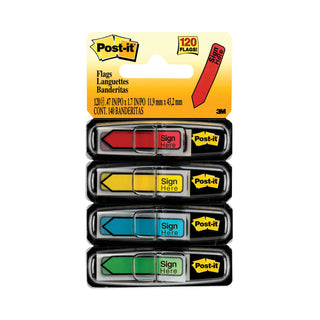 Post-it® Arrow Message 1/2" Page Flags w/Dispensers, "Sign Here", Asst Primary, 120/Pack (MMM684SH)