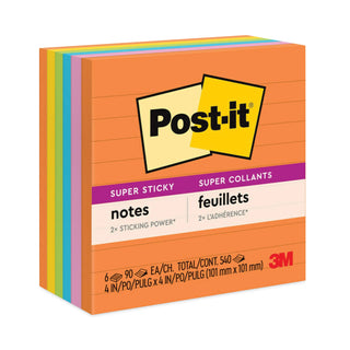 Post-it® Pads in Energy Boost Collection Colors, Note Ruled, 4" x 4", 90 Sheets/Pad, 6 Pads/Pack (MMM6756SSUC)