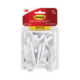 Command™ General Purpose Hooks, Medium, 3 lb Cap, White, 20 Hooks and 24 Strips/Pack (MMM17001MPES)