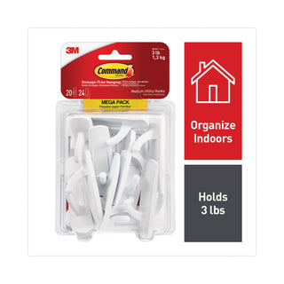 Command™ General Purpose Hooks, Medium, 3 lb Cap, White, 20 Hooks and 24 Strips/Pack (MMM17001MPES)