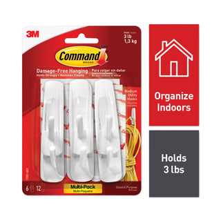 Command™ General Purpose Hooks Multi-Pack, Medium, 3 lb Cap, White, 6 Hooks and 12 Strips/Pack (MMM170016ES)