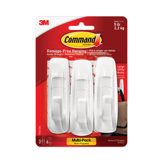 Command™ General Purpose Hooks Multi-Pack, Large, 5 lb Cap, White, 3 Hooks and 6 Strips/Pack (MMM17003VP3PK)