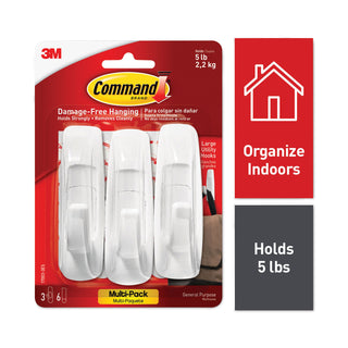 Command™ General Purpose Hooks Multi-Pack, Large, 5 lb Cap, White, 3 Hooks and 6 Strips/Pack (MMM17003VP3PK)