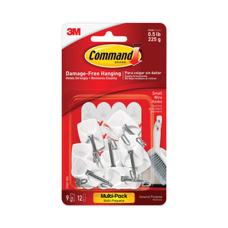 Command™ General Purpose Wire Hooks Multi-Pack, Small, 0.5 lb Cap, White, 9 Hooks and 12 Strips/Pack (MMM170679ES)