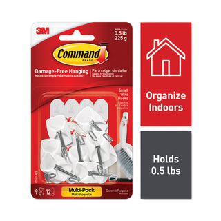 Command™ General Purpose Wire Hooks Multi-Pack, Small, 0.5 lb Cap, White, 9 Hooks and 12 Strips/Pack (MMM170679ES)