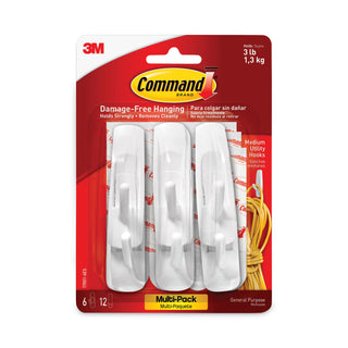 Command™ General Purpose Hooks Multi-Pack, Medium, 3 lb Cap, White, 6 Hooks and 12 Strips/Pack (MMM170016ES)