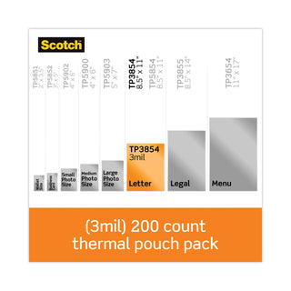 Scotch® Laminating Pouches, 3 mil, 9" x 11.5", Gloss Clear, 200/Pack (MMMTP3854200)