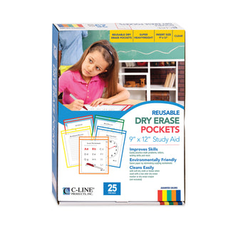 C-Line® Reusable Dry Erase Pockets, 9 x 12, Assorted Primary Colors, 25/Box (CLI40620)