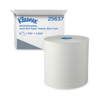 Kleenex® Hard Roll Paper Towels with Premium Absorbency Pockets with Colored Core, Blue Core, 1-Ply, 7.5" x 700 ft, White, 6 Rolls/CT (KCC25637)