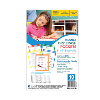 C-Line® Reusable Dry Erase Pockets, 6 x 9, Assorted Primary Colors, 10/Pack (CLI41610)